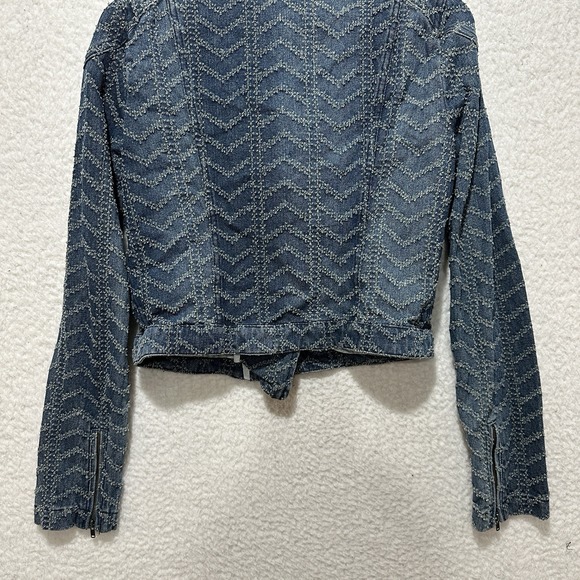 Free People Punched Denim Moto Jacket Herringbone Blue Jean Biker Women's Size 4 - Picture 11 of 14